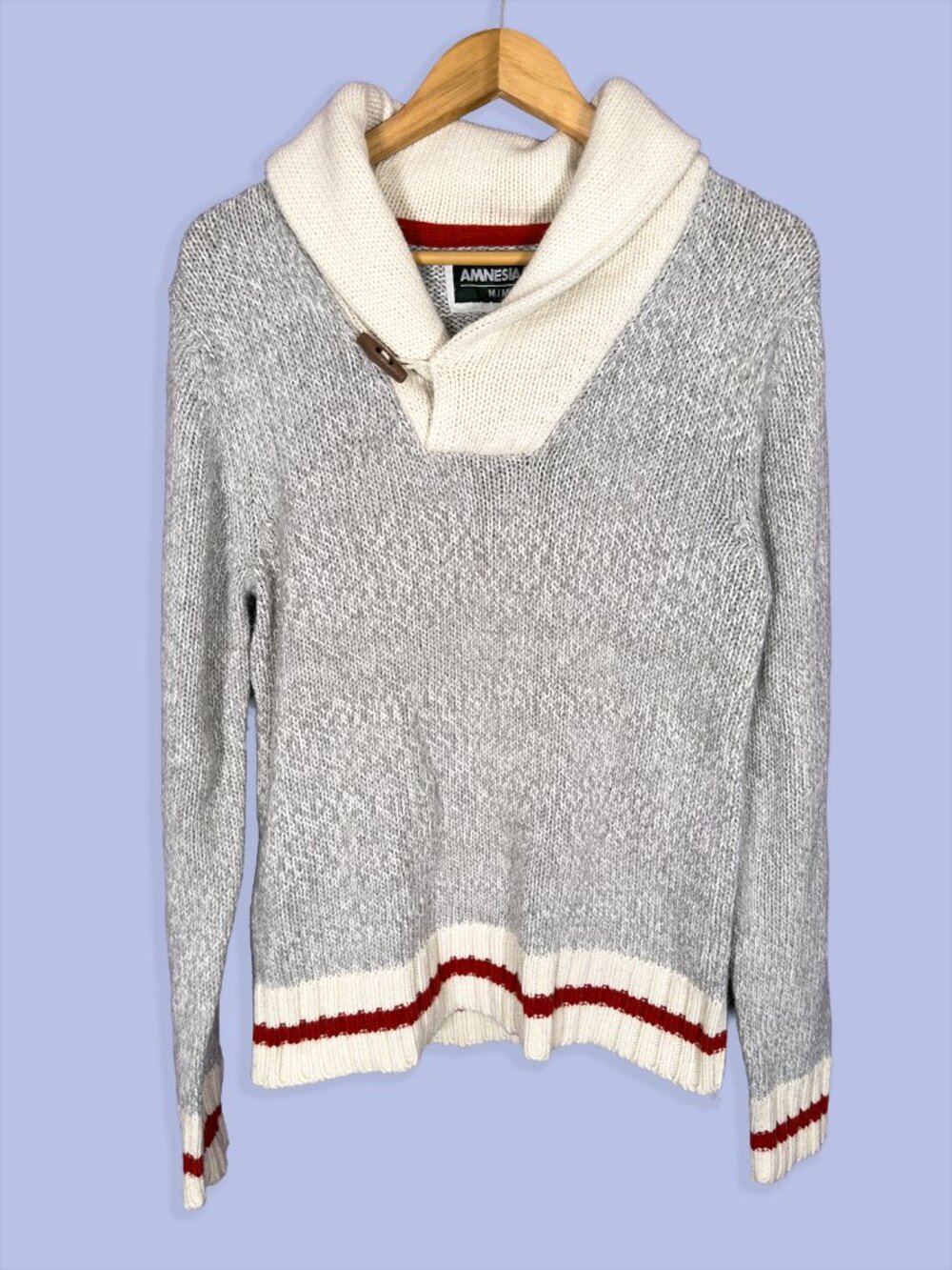 Grandpa Core Cabin Core Shawl Collar Knit Sweater Gray Cream Pullover Size M